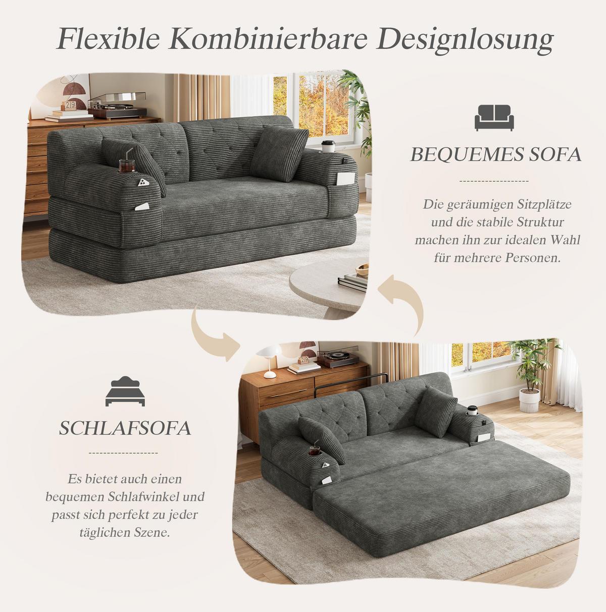 SCHLAFSOFA 2-Sitzer mit Schlaffunktion 168 x 80 cm Cord Dunkelgrau - Dunkelgrau, Kunststoff (80/81/168cm) - Meubliv