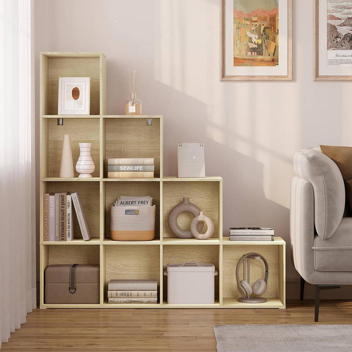 REGALE Bücherregal mit 10 Fächern, Würfelregal, Helle Eiche - Eichefarben, Holzwerkstoff (120/120/30cm) - Woltu