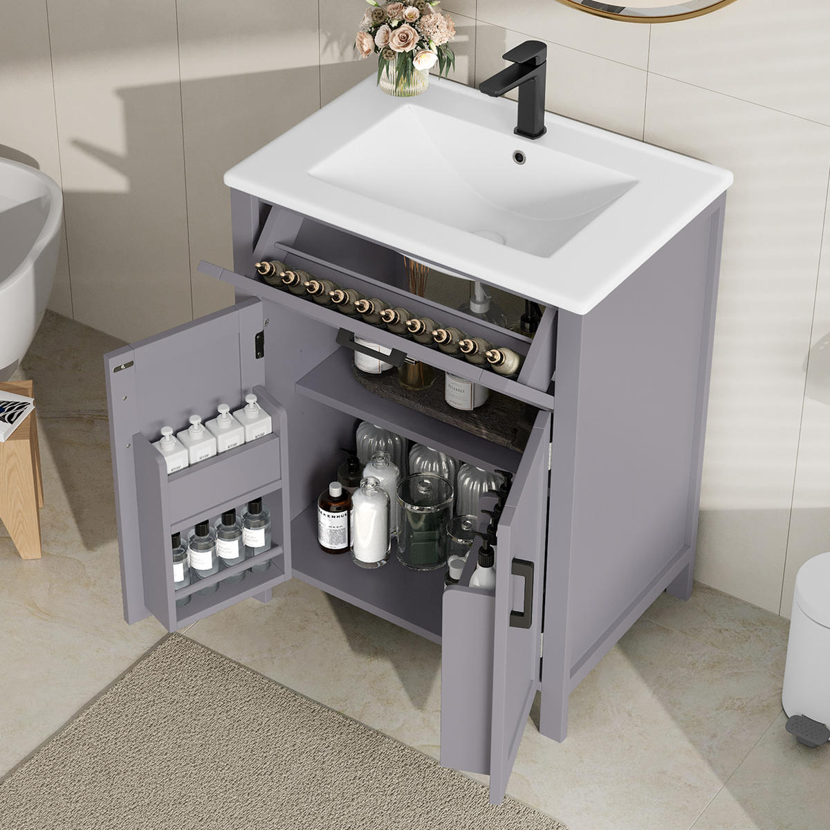 WASCHTISCHKOMBI mit Keramikbecken 60x46x84.8cm in Grau, 2 Türen & umklappbarer Schublade - Grau, Holzwerkstoff (60/84.8/46cm) - Modfu