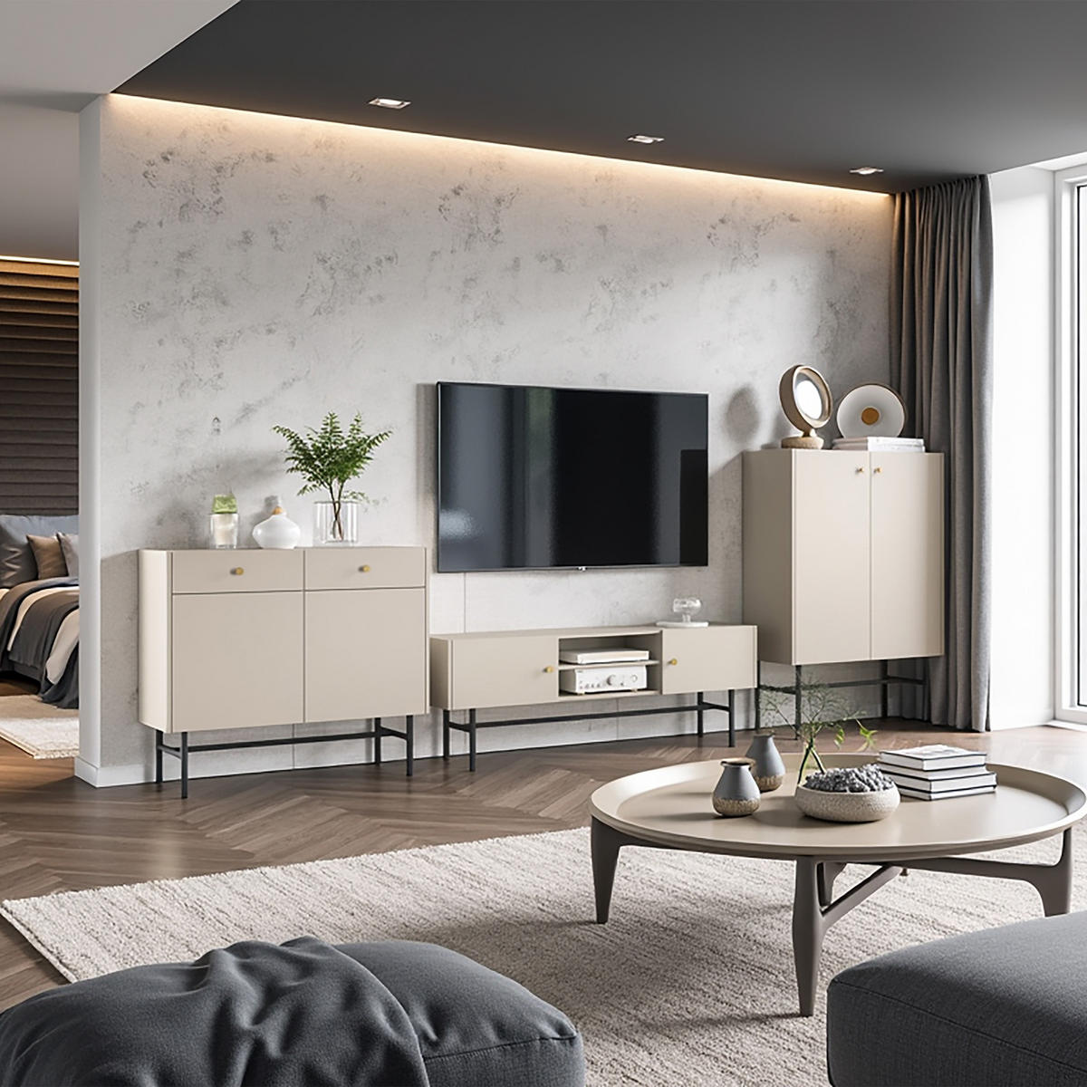 KOMMODE Dalia mit 3 Türen und 3 Schubladen, 104 cm, Kaschmir - Kaschmir/Schwarz, Holzwerkstoff/Metall (155/84/39cm) - Beautysofa