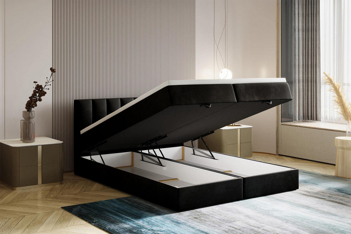 BOXBETT 140 x 200 cm mit Bonellmatratze H3, CITY, Elegant gestepptes Kopfteil und Topper 5cm, Bettkasten, Schwarz - Schwarz, Holzwerkstoff/Kunststoff (140/200cm) - Trada