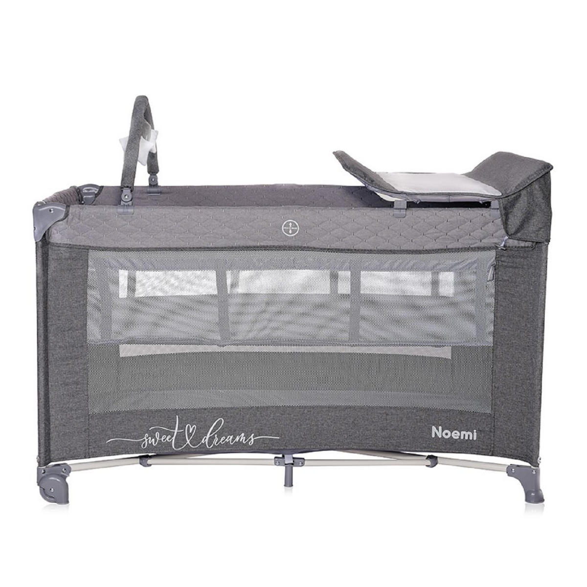 REISEBETT Noemi 2 Ebenen dunkelgrau Wickelauflage, Spielbogen, Tragetasche, Räder - Grau, Kunststoff (69/127cm) - Lorelli