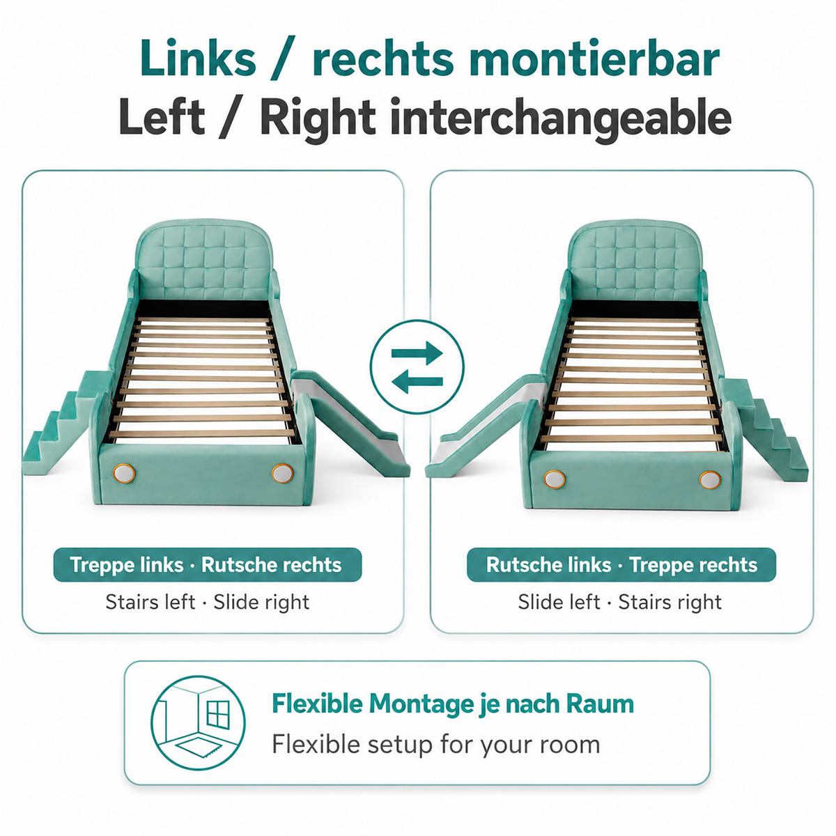 KINDERBETT 90/200 cm in Blaugrün Samt Autobett mit Rutsche, Treppe und Fallschutz - Blau/Grün, Holzwerkstoff/Textil (90/200cm) - STILVORA