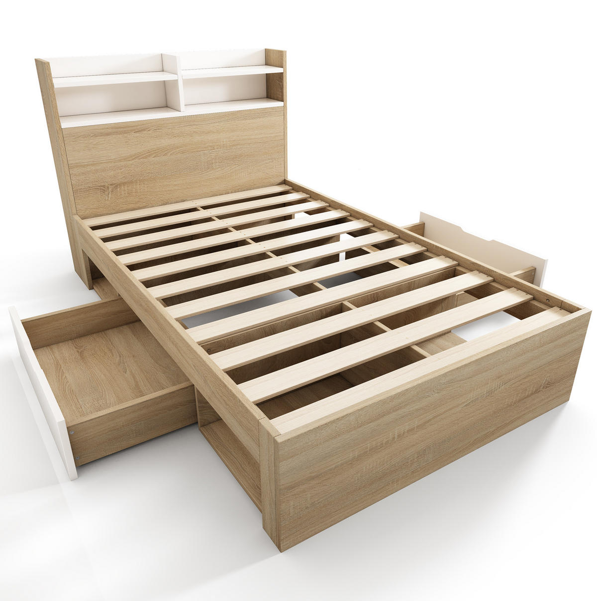 BETT 90/200 cm mit Kopfteil, Stauraum und Lattenrost in Weiß/Eiche - Weiß, Holzwerkstoff (90/200cm) - BEAOK