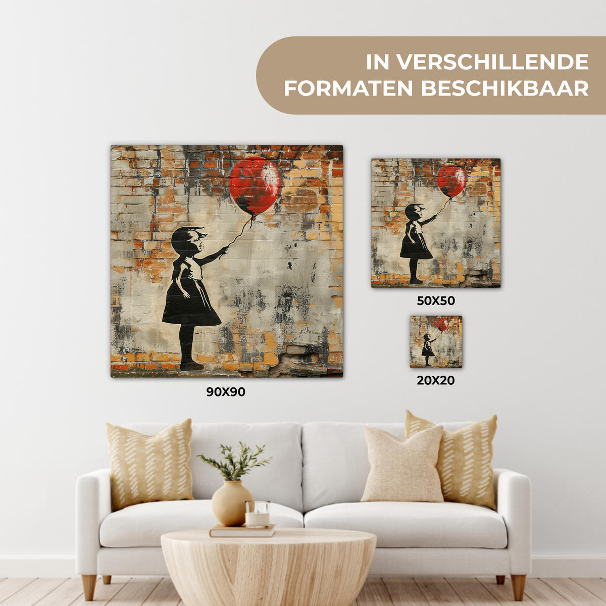 LEINWANDBILD Graffiti - Banksy - Mädchen - Straßenkunst Wandbild Wohnzimmer 50x50 cm - Sandfarben, Textil (50/50cm) - MuchoWow