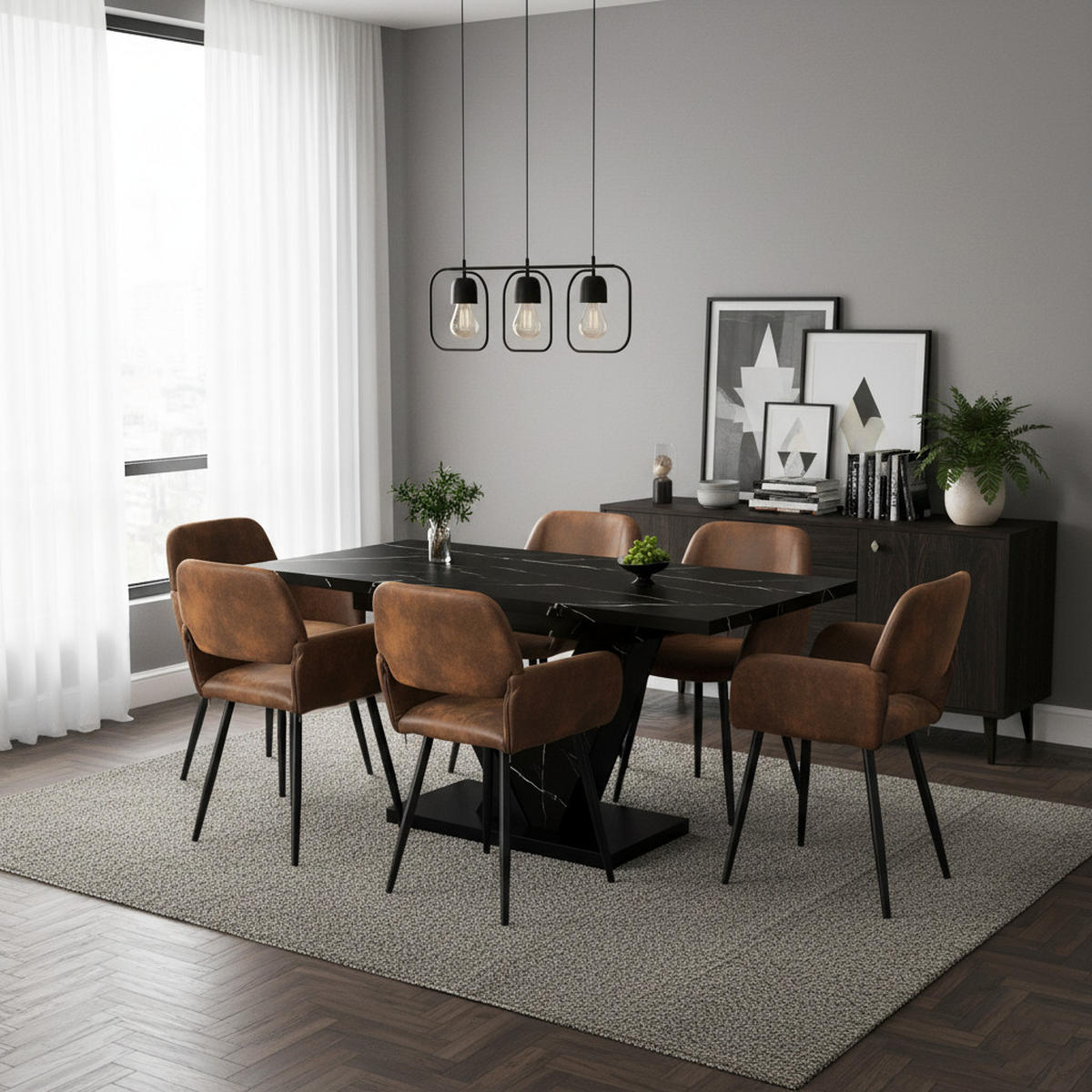 TISCHGRUPPE 7-teilig Ausziehtisch Marmoroptik Schwarz & 6x 360° Drehstühle Vintage-Braun - Schwarz, Holzwerkstoff/Textil (160/76/75cm) - Urban Meuble