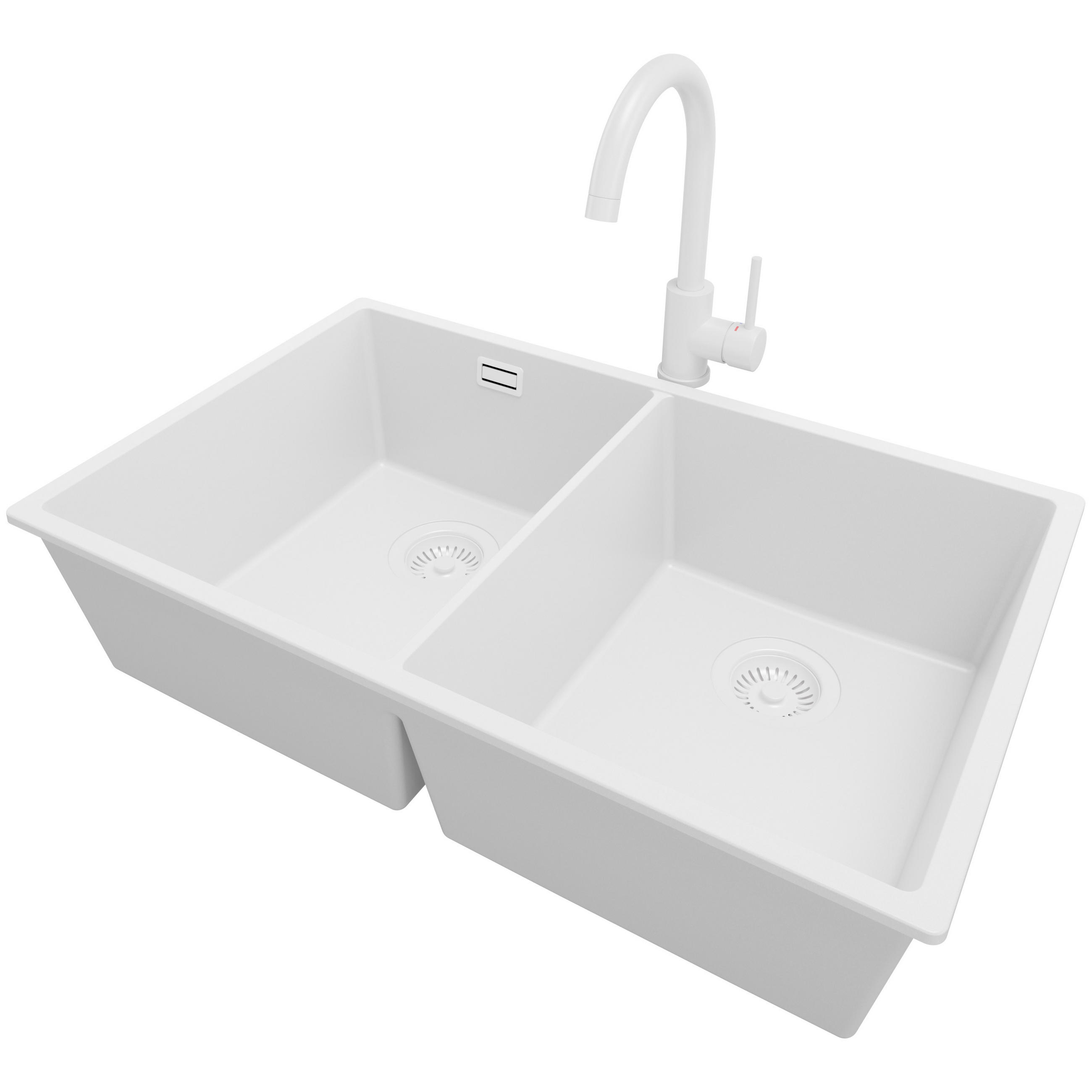 GRANITSPÜLE London Slim Twin, 2-er set Alles Weiß 76/47 cm 2 Becken + Küchenarmatur 32/20 cm + Ablauf-Set ab 80er Unterschrank - Weiß, Kunststoff (76/20/47cm) - Primagran