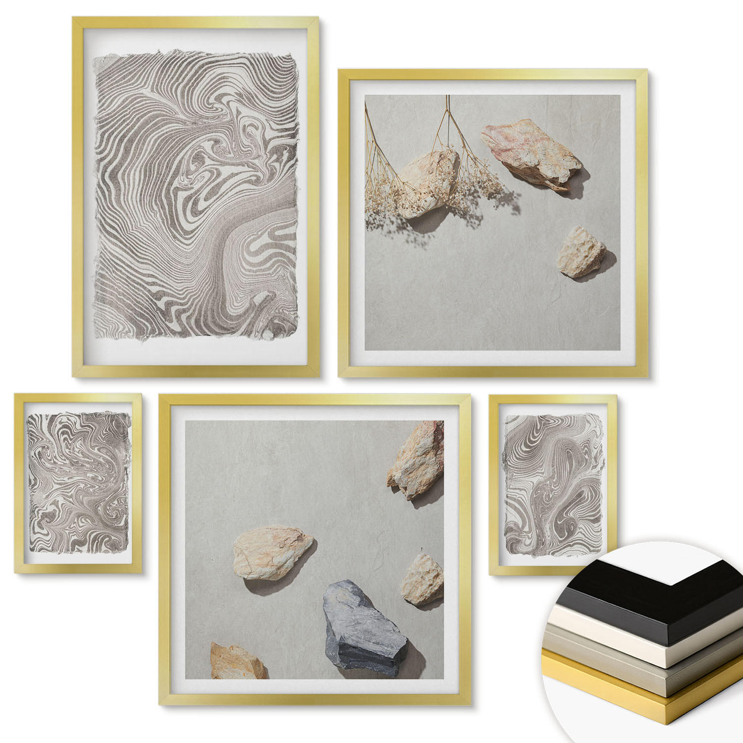 WANDBILDER 5er Set - 50x50 cm & 20x30 cm & 40x60 cm Goldrahmen - Moderne abstrakte Formen - Goldfarben, Kunststoff (40/60cm) - ArtPrintCave
