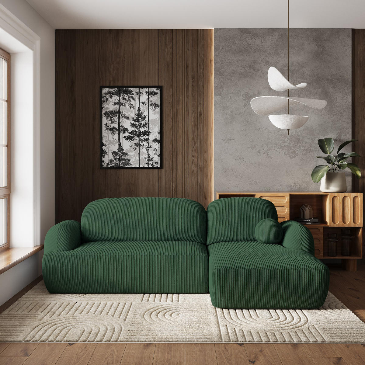 ECKSOFA MODENZA P R-S Grün Kordstoff mit Schlaffunktion - Schwarz/Grün, Holz/Kunststoff (266/148cm) - MASSENO