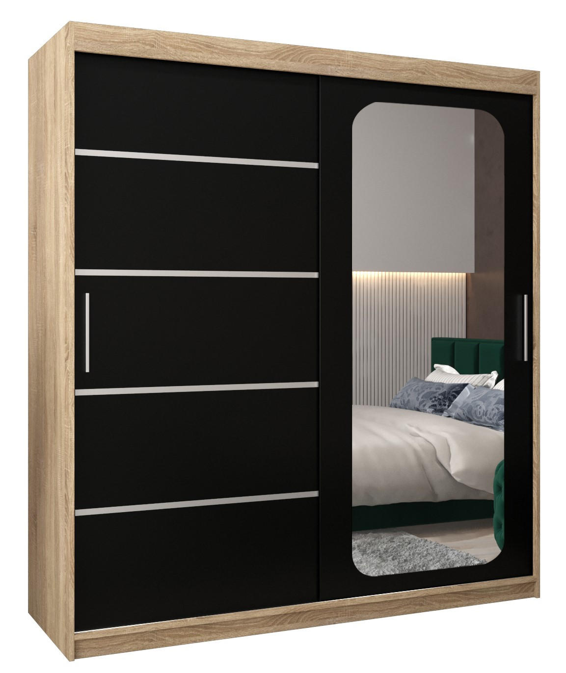 Abiks Möbel Schwebetürenschrank Sonoma Eiche, Schwarz 180x200x62 cm