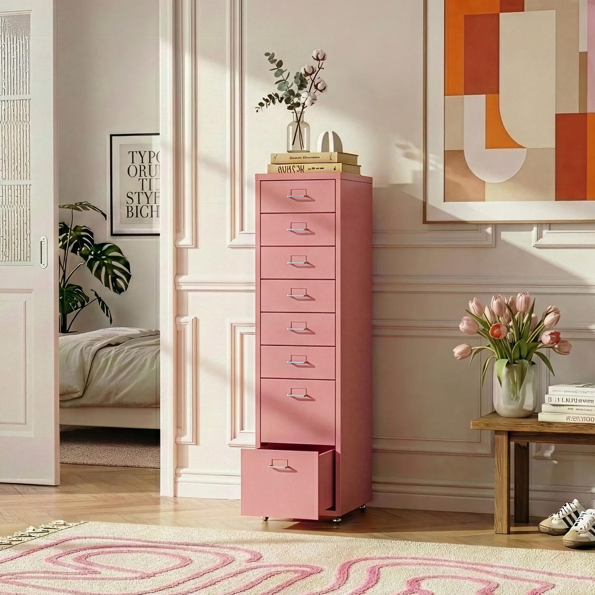 KONTEJNER NA KOLESÍCH Kökar - růžová, kov (28/109/41cm) - [en.casa]