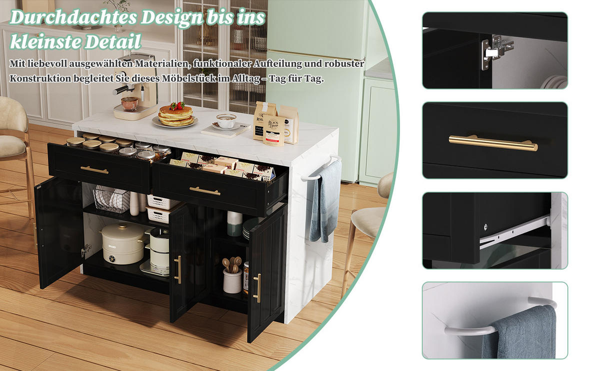 KÜCHENINSEL 120x60x91 cm mit Steckdosen, USB und Barbereich - Schwarz, Holzwerkstoff (120/91/60cm)