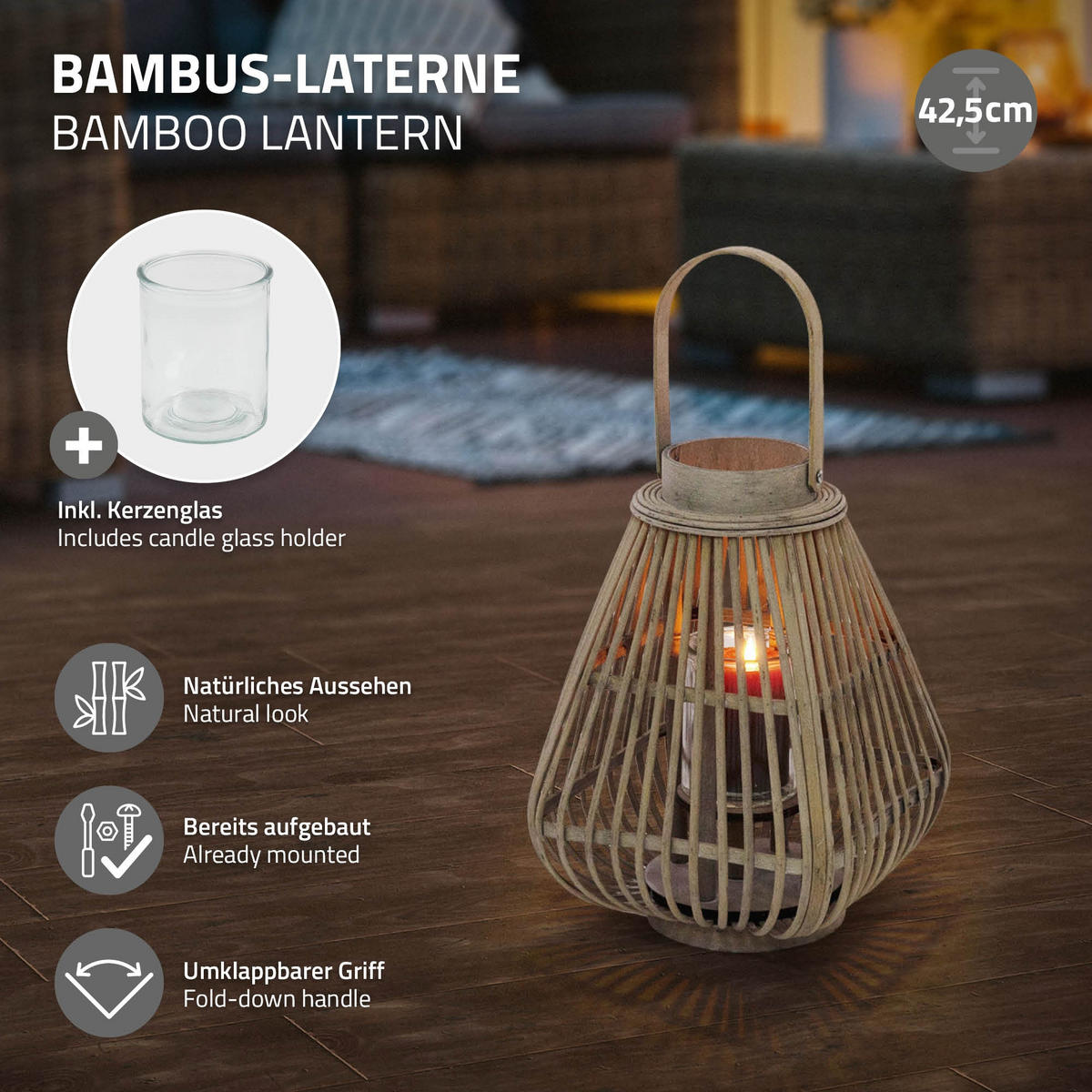 BAMBUSOVÁ LAMPION V: 42,5 cm, dřevěná barva, styl boho - přírodní, dřevo (23/42.5/23cm) - ECD-Germany