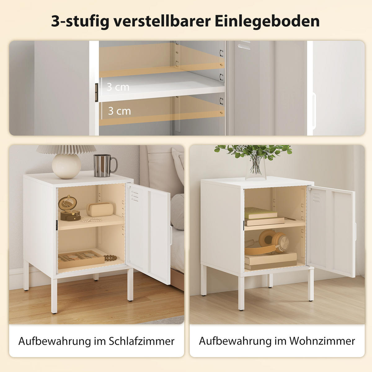 NACHTTISCH Beistelltisch mit verstellbarer Ablage Stahlrahmen Nachtschrank Weiß - Weiß, Metall (40/56/40cm) - HOMCOM