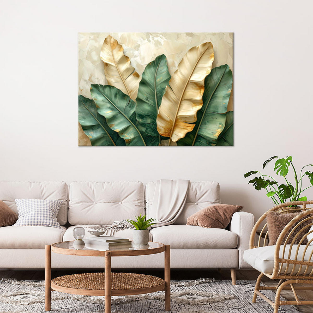 WANDBILD, Grüne und beige tropische Blätter (3D) - Grün, Textil (90/60cm) - Feeby