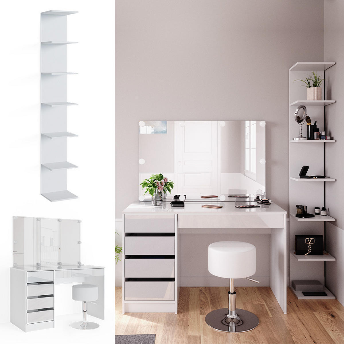 SCHMINKTISCH Sherry Weiß 4 Teile mit Aufbewahrungsregal Spiegel Hocker LED - Weiß, Holzwerkstoff (55/75/120cm) - Vicco