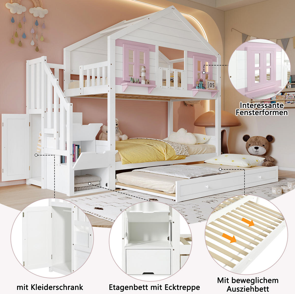 ETAGENBETT aus Kiefer und MDF 90x200 cm Weiß+Rosa mit Rollbett, Treppenaufbewahrung und Kleiderbereich - Weiß, Holz (90/200cm) - Modfu