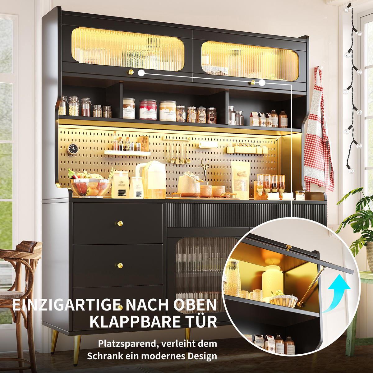 KÜCHENSCHRANK Schwarz mit LED & App-Steuerung, Lift-up-Glastüren & Lochwand - Schwarz, Holzwerkstoff (145/71/39cm) - Urban Meuble