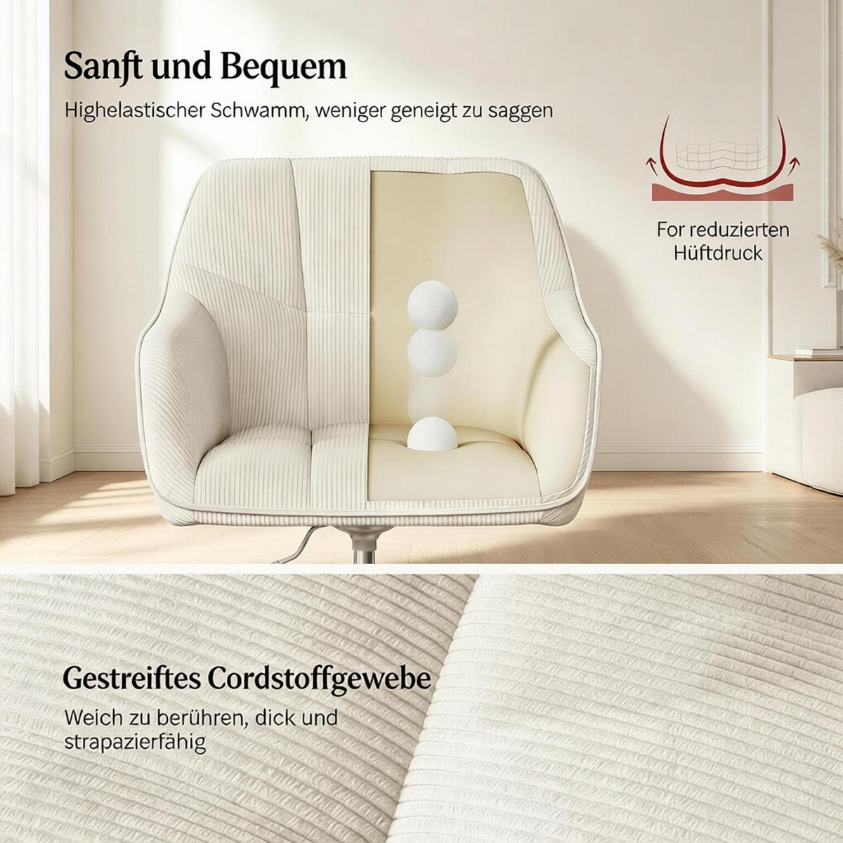 DREHSTUHL DE-40915 mit Cordbezug und Karomuster höhenverstellbar Beige - Beige, Metall (40/90/56cm) - ComfortXL