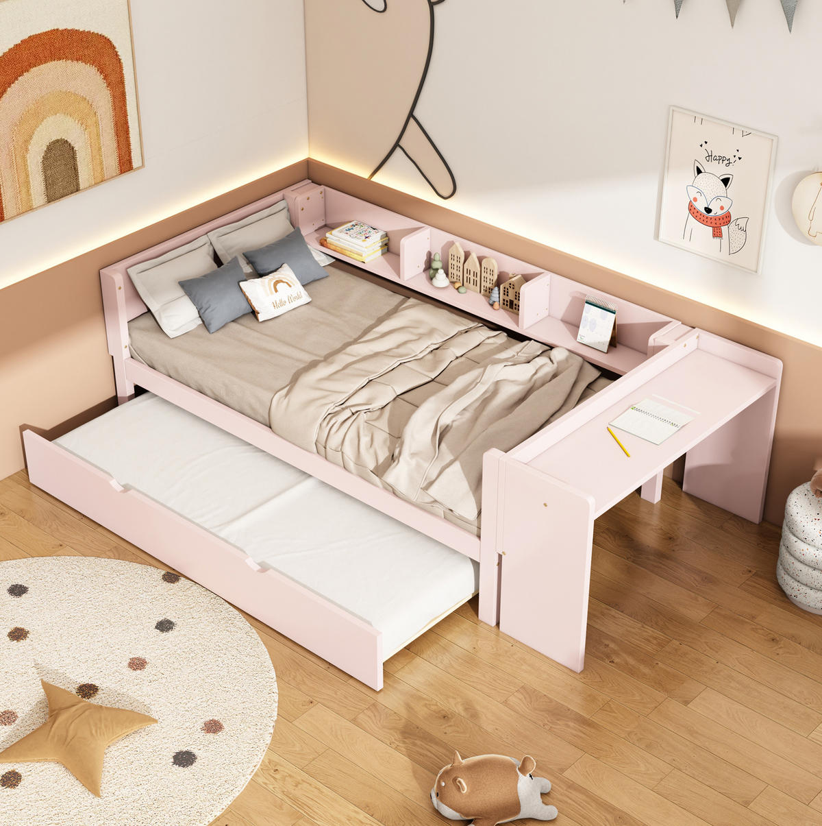 BETT 90/200 cm Rosa mit Ausziehbett, Schreibtisch und 3 Regalen - Rosa, Holz (90/200cm) - Flora Grace