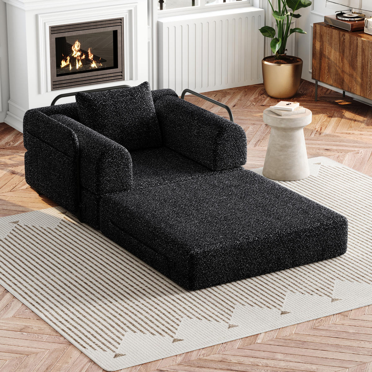 SCHLAFSOFA 2-in-1 mit Armlehnen-Ablagefach Chenille Schwarz 200/90/85 cm - Schwarz, Textil (181.6/49.5/94cm) - OKWISH