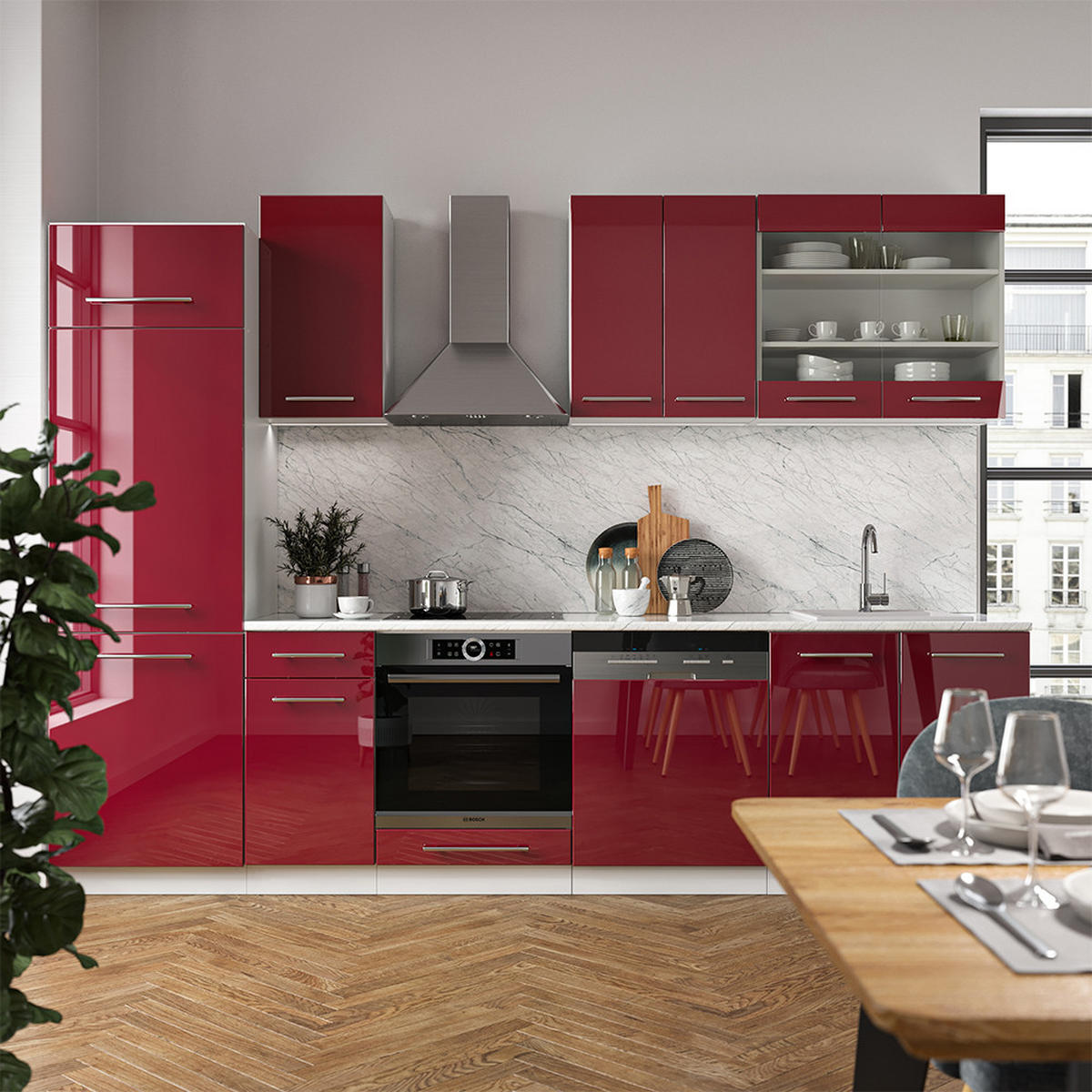 KÜCHENZEILE Fame-Line Bordeaux Hochglanz/Weiß 300 cm, AP Eiche - Bordeaux/Weiß, Holzwerkstoff (300/81.6/60cm) - Vicco
