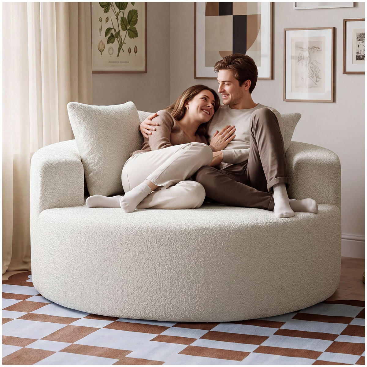 RELAXSESSEL Love, Ø 127 x 60 cm, mit 3 Kissen, Bouclé creme - Creme, Kunststoff/Textil (127/60/127cm) - tectake