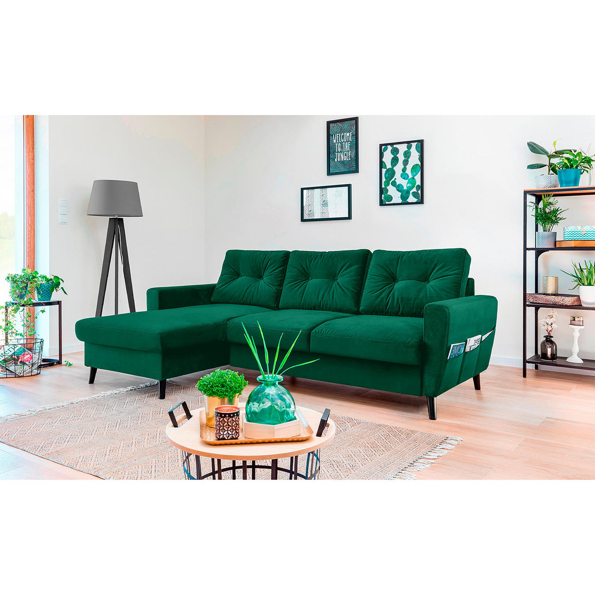 ECKSOFA mit Longchair - Smaragdgrün/Schwarz, Textil (233/148cm) - home24