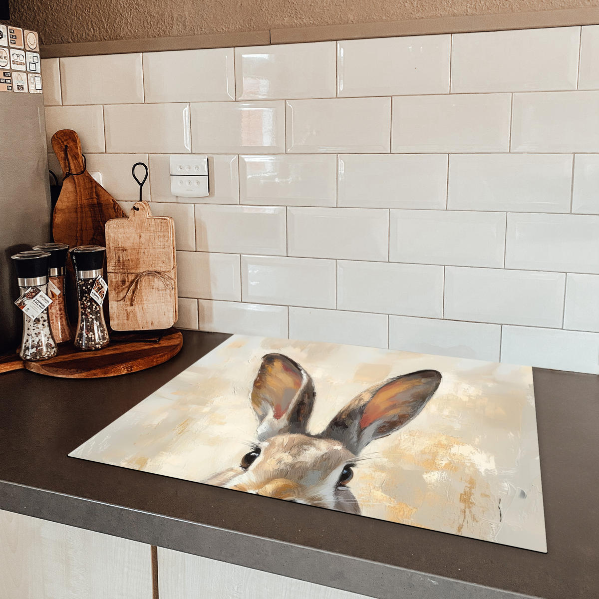 HERDABDECKPLATTE Hase - Ohren - Braun Herdabdeckung Induktionsfeld 65x52 cm - Beige, Kunststoff (65/52/0.2cm) - MuchoWow