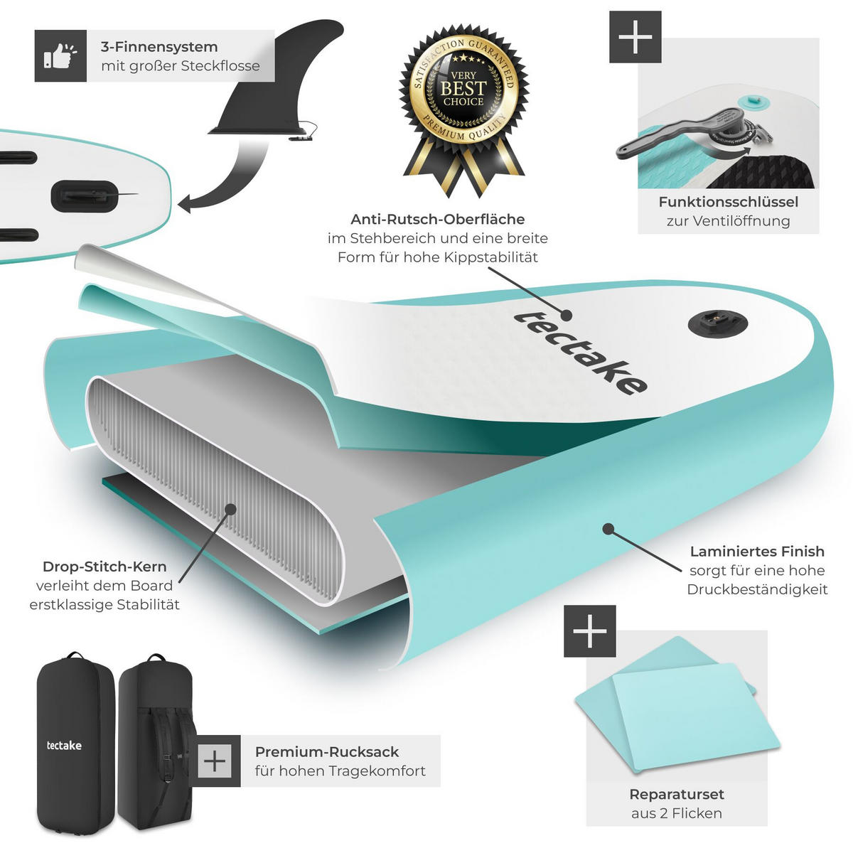 STAND-UP PADDLE BOARD Zenon, Belastbarkeit 200 kg, inklusive Kajak-Sitz, weiß/türkis - Weiß, Kunststoff (288/77/0.23cm) - tectake
