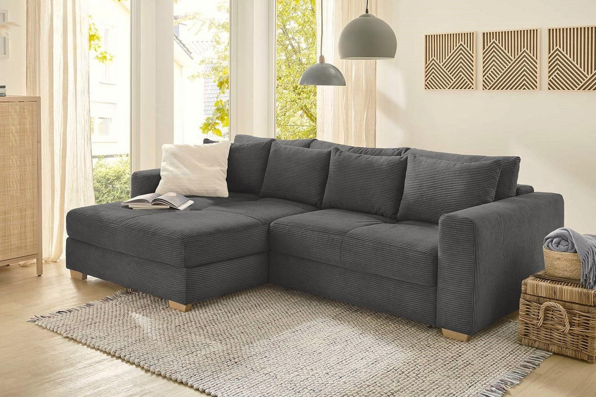 ECKSOFA-DAUERSCHLÄFER Federkern Bettkasten, seitenverkehrt montierbar B288/T186/H86 cm, Liegefl. 153x245 cm, Cord Grau Anthrazit / 15153 - Schieferfarben/Eichefarben, Holz/Textil (288/186cm) - luma-home