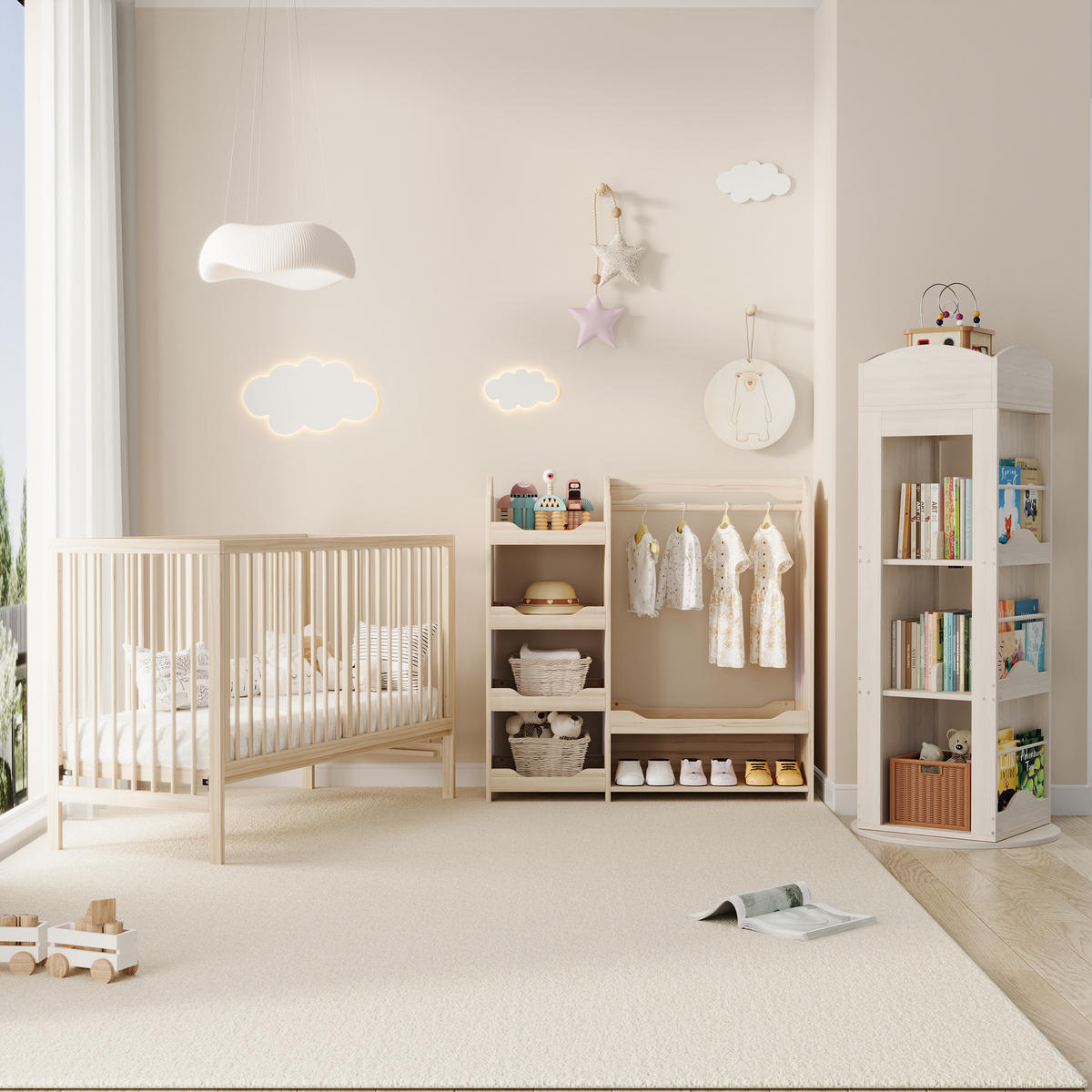 KINDER-GARDEROBE 110x39x110cm Naturholz mit Kleiderstange & 4 Regalen - Naturfarben, Holz (39/110/110cm) - FLIEKS
