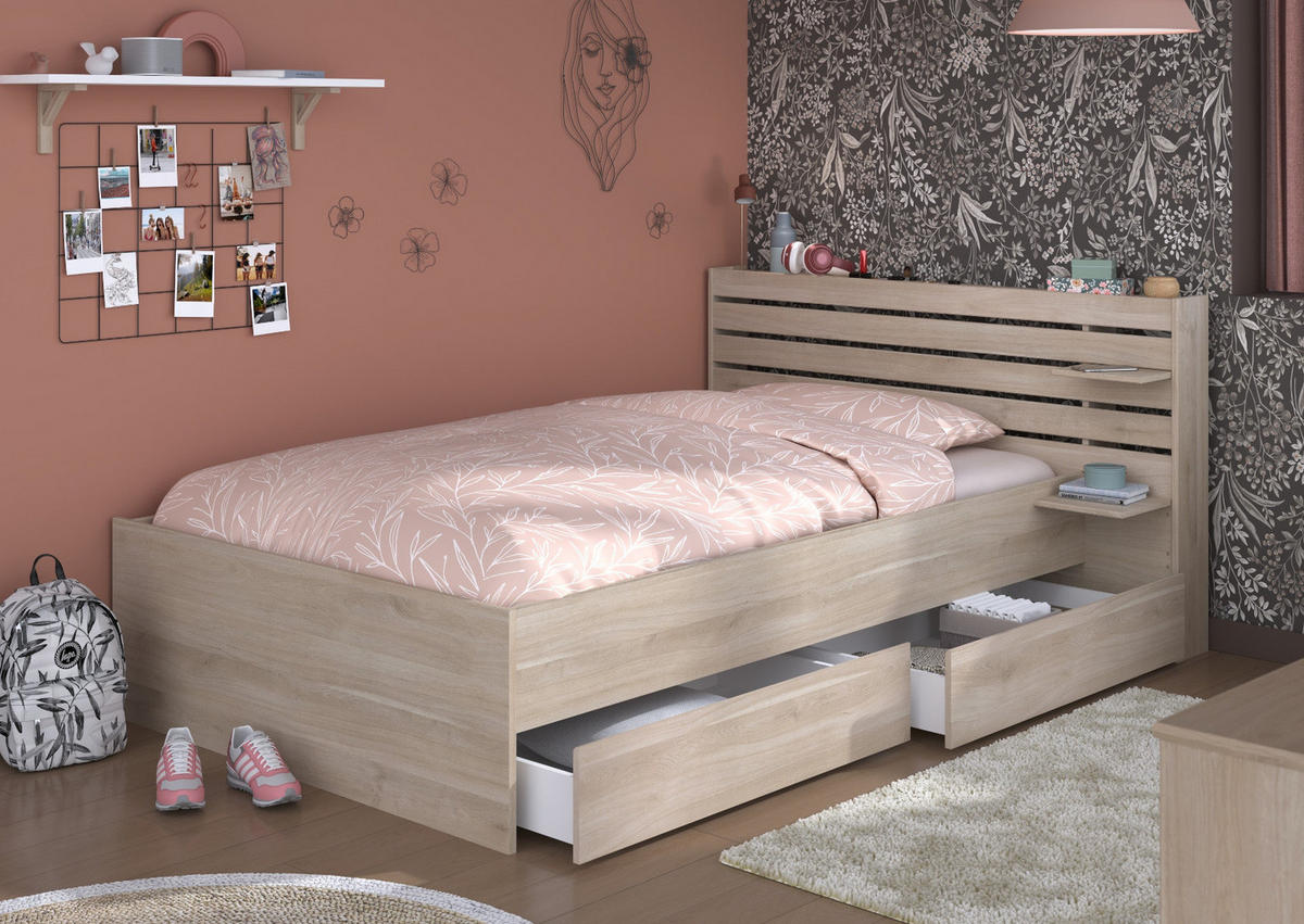 STAURAUMBETT Eiche japanisch, Bett Liegefläche 120 x 200 cm - Eichefarben, Holzwerkstoff/Metall (120/200cm) - Parisot Meuble