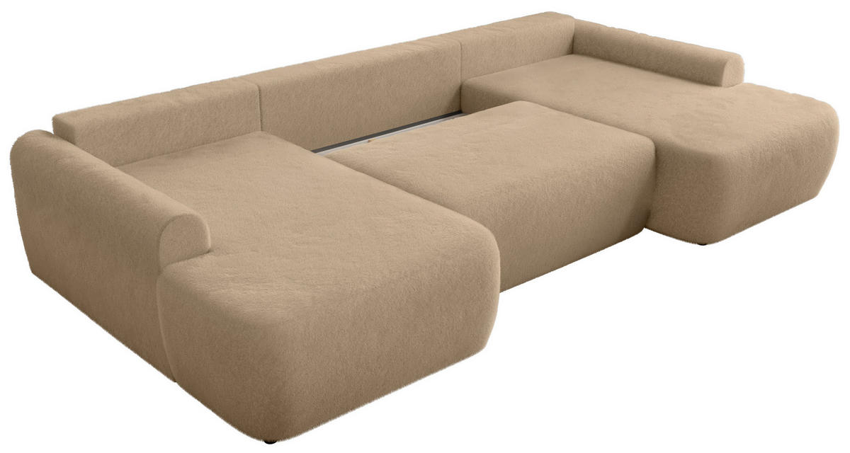 WOHNLANDSCHAFT CUBO U Beige Plüsch - Beige/Schwarz, Kunststoff/Textil (370/100/187cm) - MKS