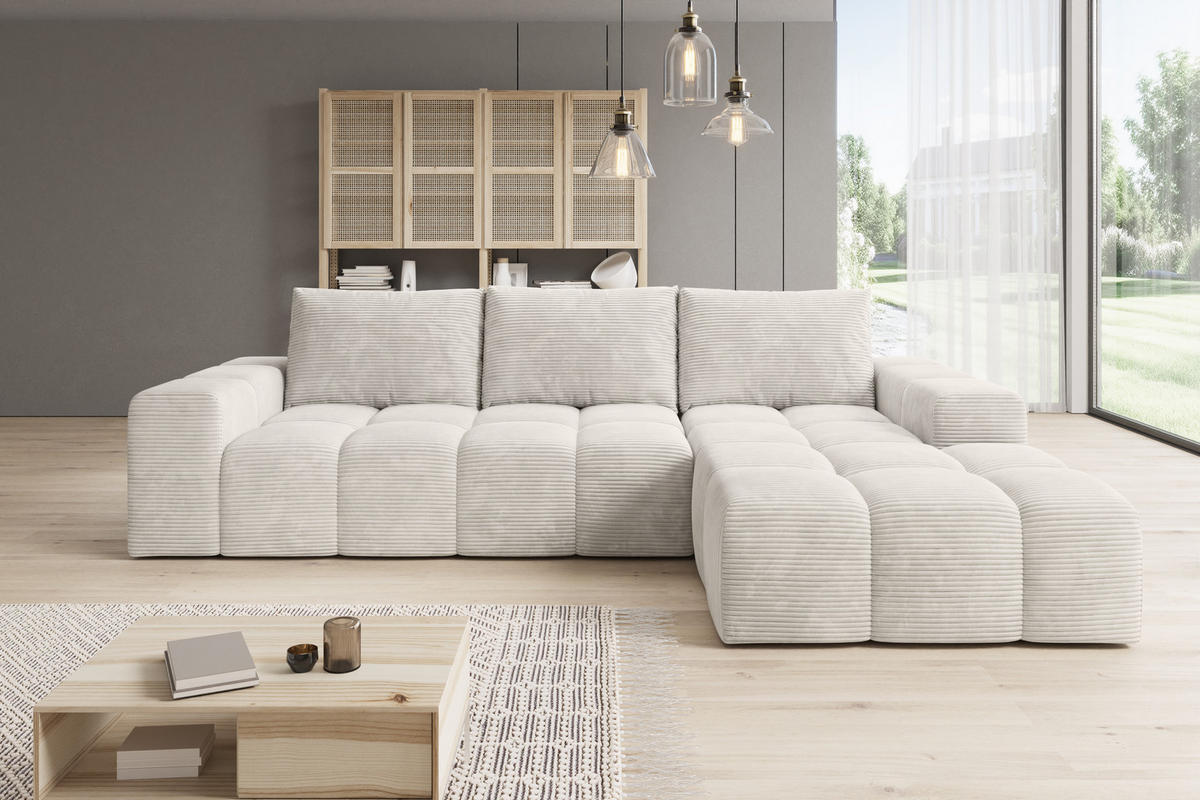 ECKSOFA Cento, L-Form, Ottomane Rechts, Cordstoff, 285x56x180 cm, Beige - Beige, Holz (285/180cm) - PROMETO Möbel