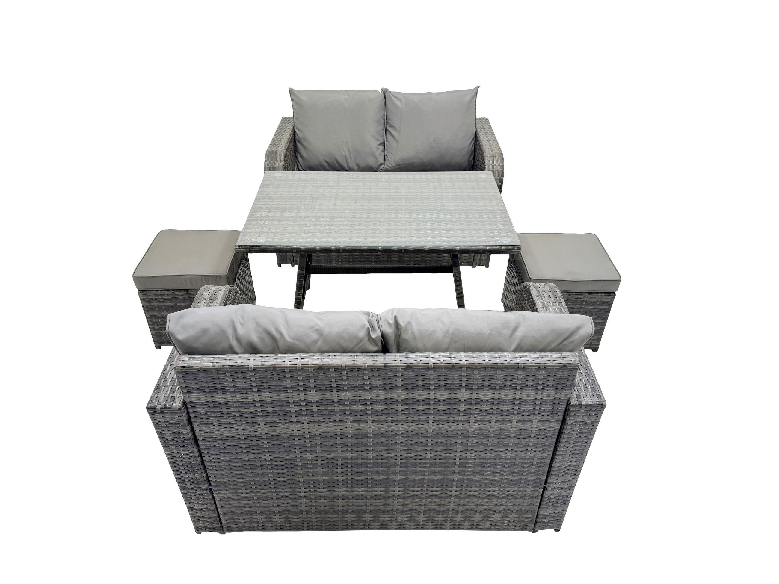 LOUNGESOFA SET mit 2 Hocker Polyrattan 6-Sitzer - Dunkelgrau/Grau, Glas/Kunststoff - Fimous