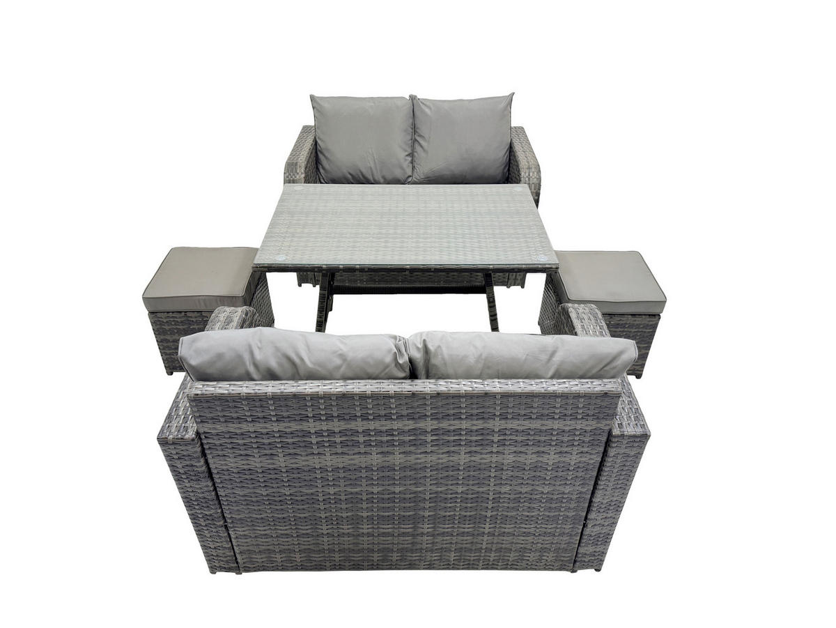 LOUNGESOFA SET mit 2 Hocker Polyrattan 6-Sitzer - Dunkelgrau/Grau, Glas/Kunststoff - Fimous