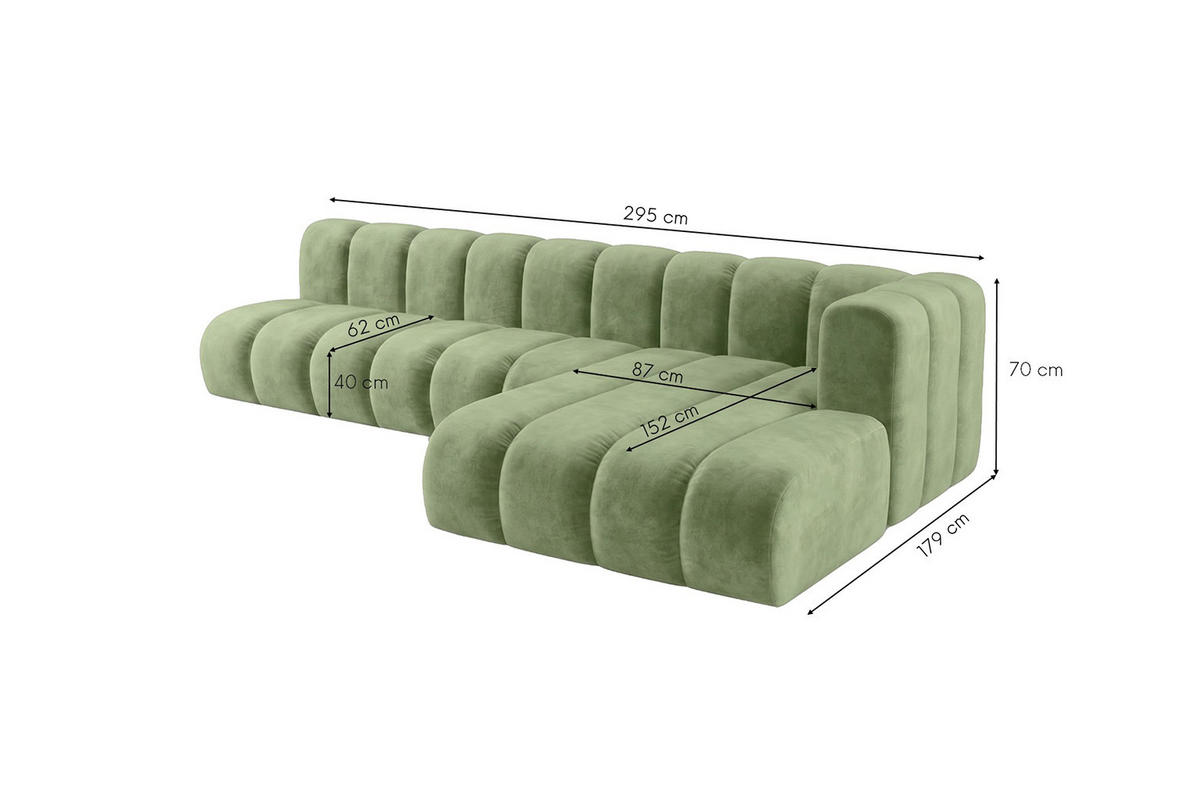 ECKSOFA Modulares In L-Form, Velvet-Stoff Riviera, Olive, Rechts, GRAND 295 cm - Olivgrün, Holz (295/179cm) - Kaiser Möbel