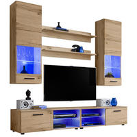 WOHNZIMMERSET VARALLO, 6er-Set, Eiche Wotan, Front Eiche Wotan , LED Blau - Eiche Wotan/Schwarz, Glas/Holzwerkstoff (200/190/45cm) - Komodee