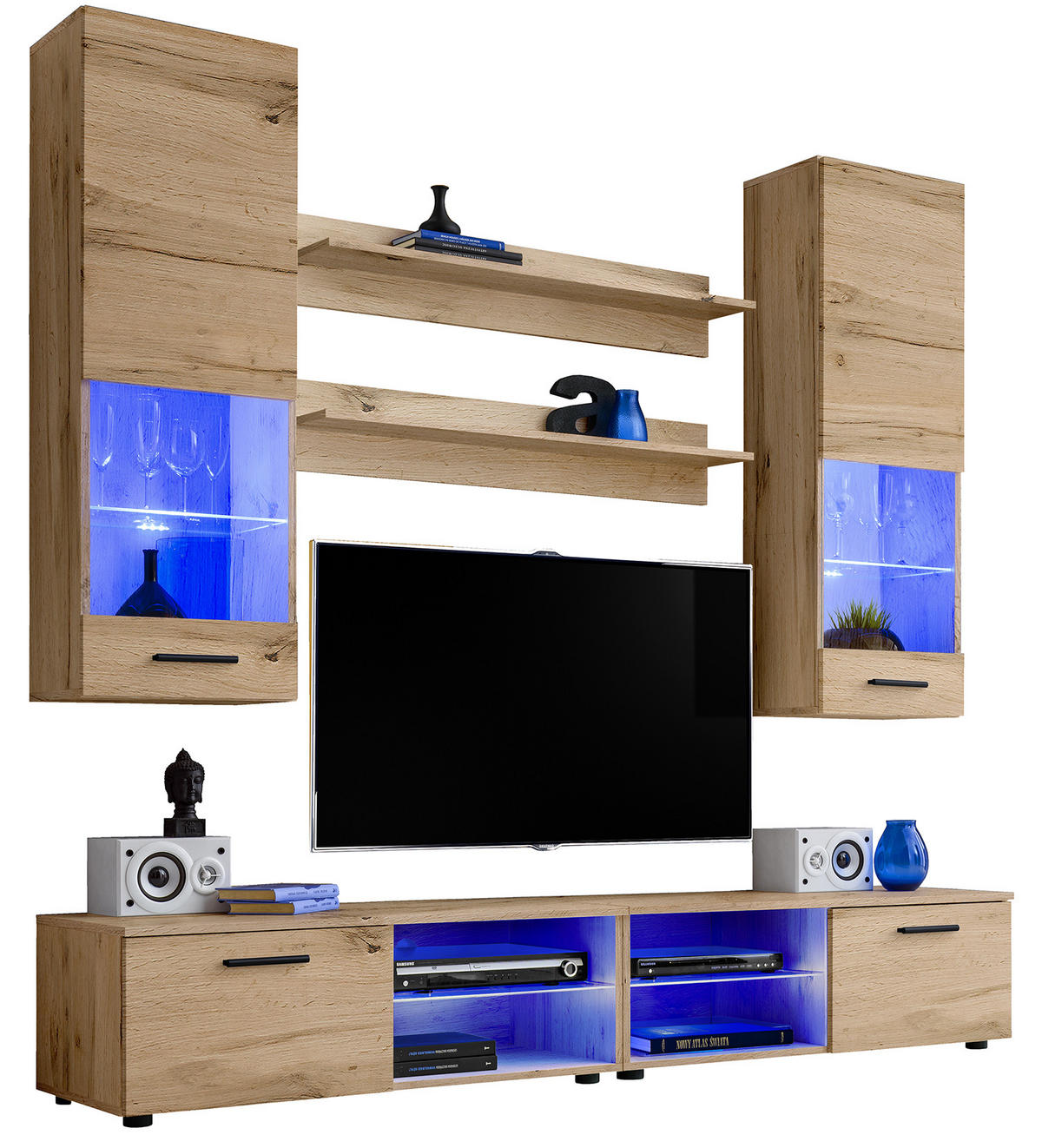 WOHNZIMMERSET VARALLO, 6er-Set, Eiche Wotan, Front Eiche Wotan , LED Blau - Eiche Wotan/Schwarz, Glas/Holzwerkstoff (200/190/45cm) - Komodee