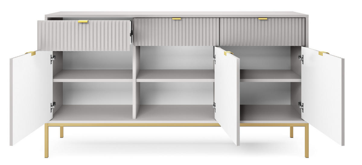 KOMMODE NOVA - KSZ154, Geriffelte Fronten, goldene Griffe 154x39x83 cm Grau - Goldfarben/Graphitfarben, Holzwerkstoff/Kunststoff (154/83/39cm) - DomoHome