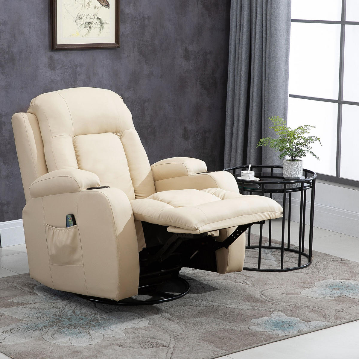 MASSAGESESSEL DE-15404 360° drehbar mit Massage und Heizung - Creme, Leder (94/104/85cm) - ComfortXL