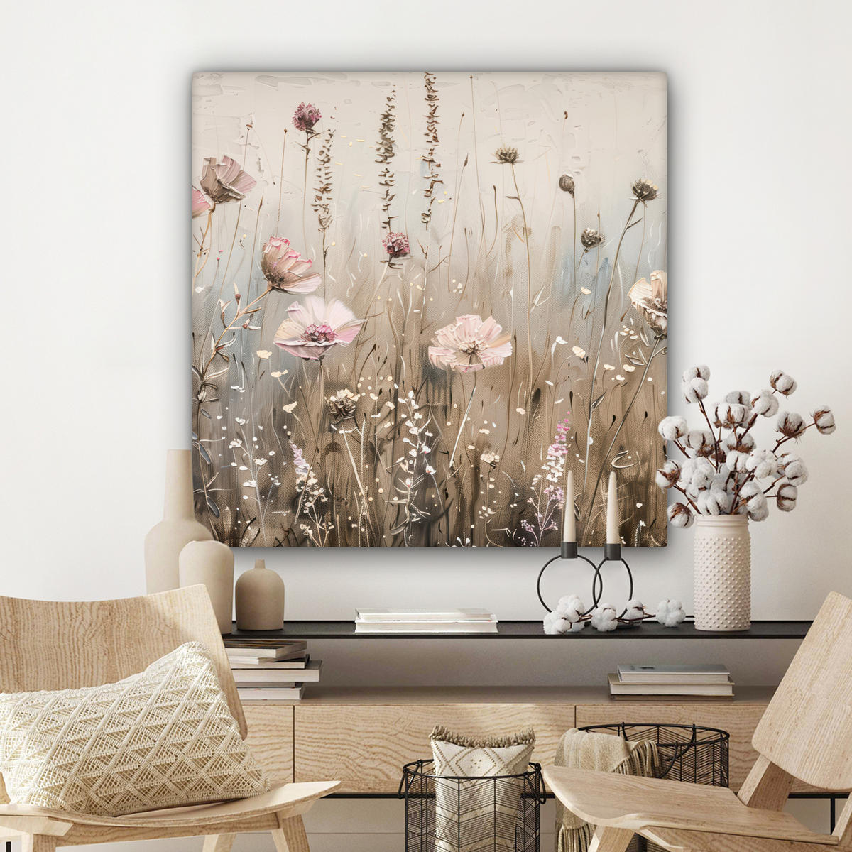 LEINWANDBILD Blumen - Rosa - Modern - Beige Deko Groß 90x90 cm - Beige, Textil (90/90cm) - MuchoWow