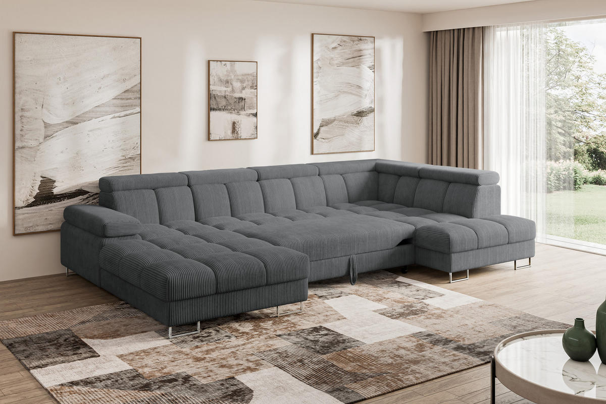 WOHNLANDSCHAFT mit Schlaffunktion und Bettkasten Ottomane RECHTS COMA U 345x203x79 Dunkelgrau Cord - Graphitfarben, Holzwerkstoff/Textil (203/79/345cm) - ALTDECOR