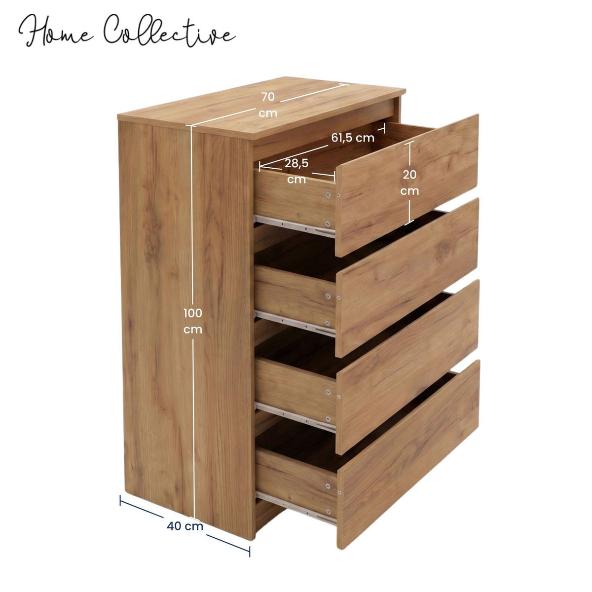 KOMMODE mit vier Schubladen in Craft-Eiche - Naturfarben, Holzwerkstoff (70/100/40cm) - Home Collective