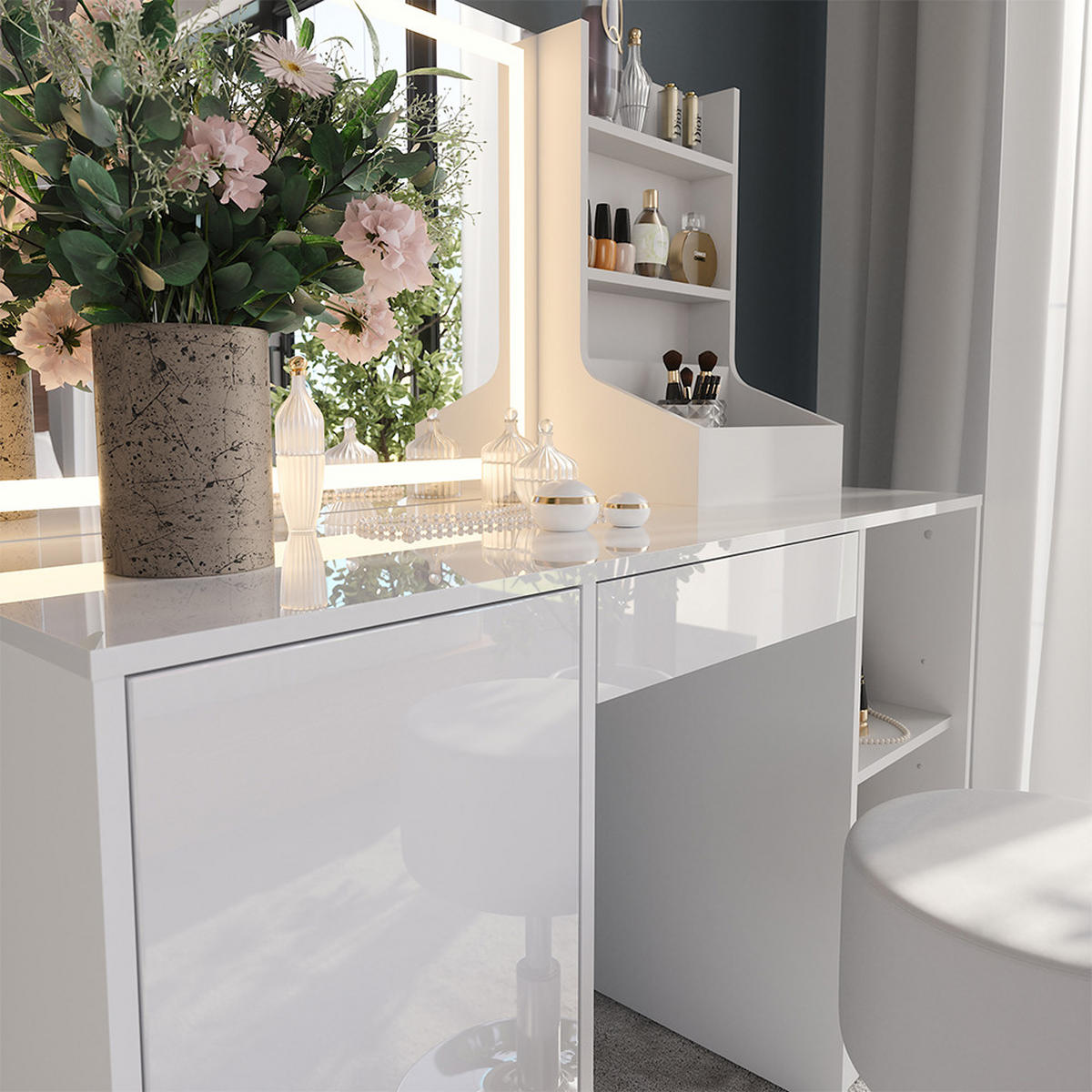 SCHMINKTISCH Sherry Weiß/Weiß Hochglanz 128.2 cm mit LED-Spiegel und Hocker - Weiß Hochglanz, Holzwerkstoff (128.2/76/50.1cm) - Vicco