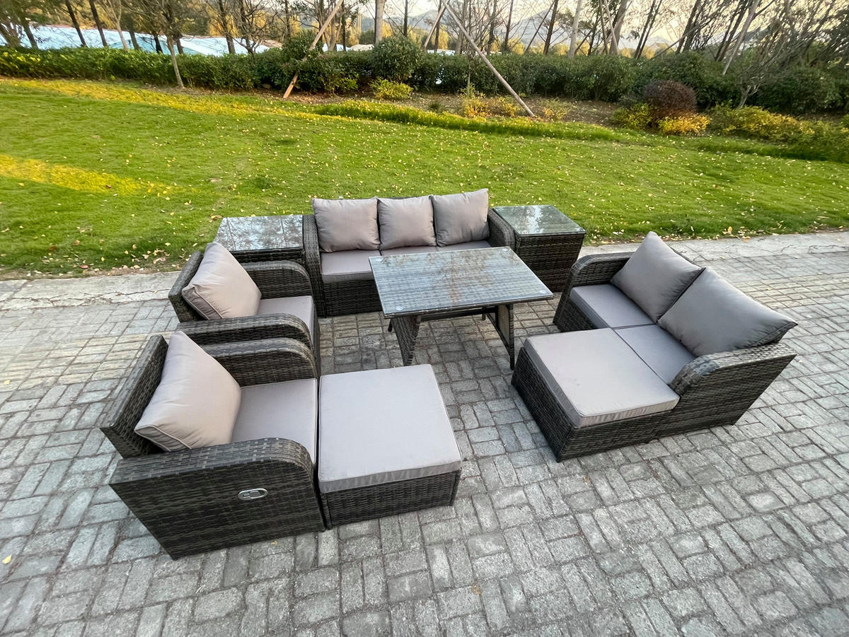 GARTENMÖBEL SET Polyrattan Dunkelgrau 9-Sitzer - Dunkelgrau/Grau, Glas/Kunststoff - Fimous