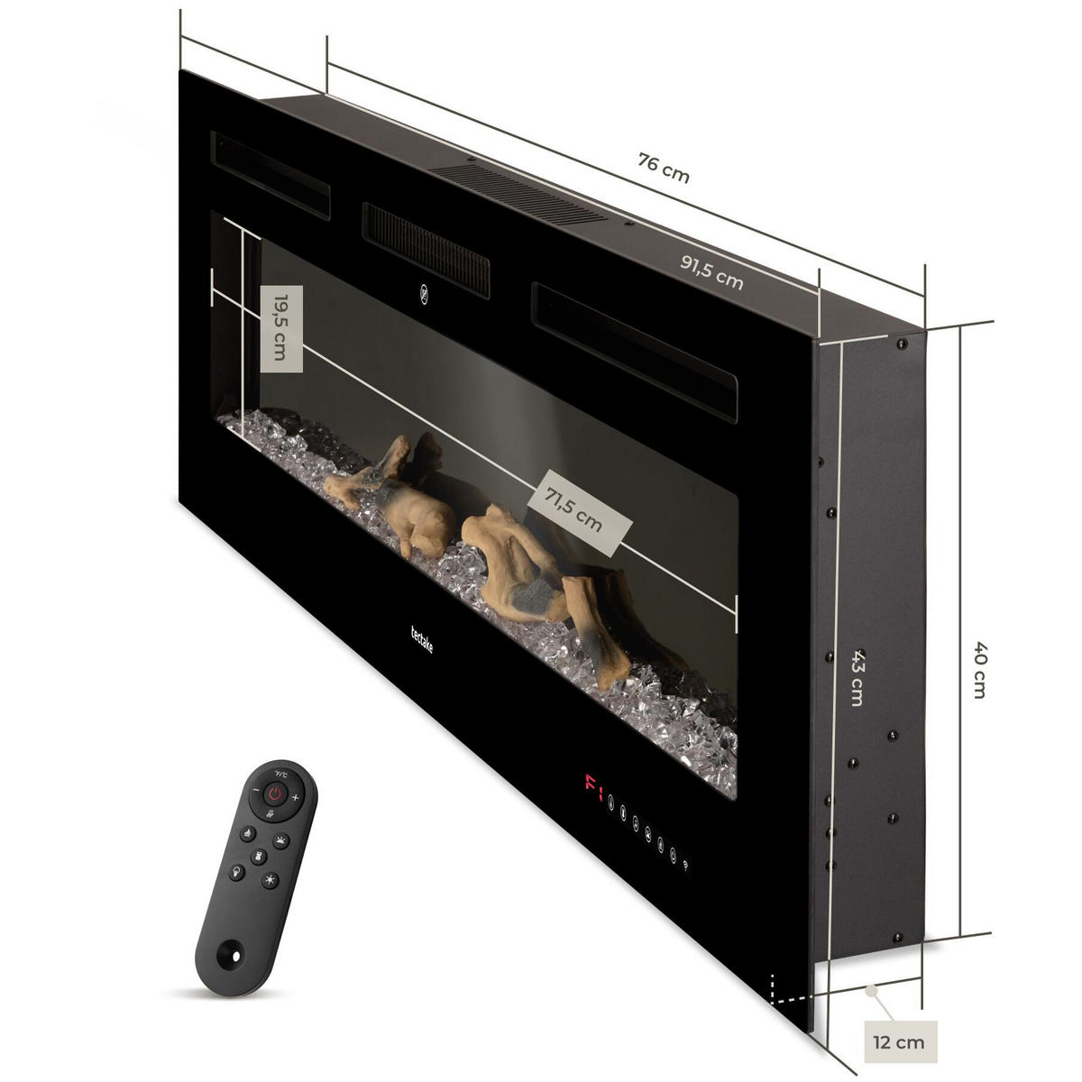 ELEKTRO-WANDKAMIN Luci, mit Fernbedienung und App-Steuerung, integriertes Thermostat, schwarz - Schwarz, Metall (91.5/43/12cm) - tectake