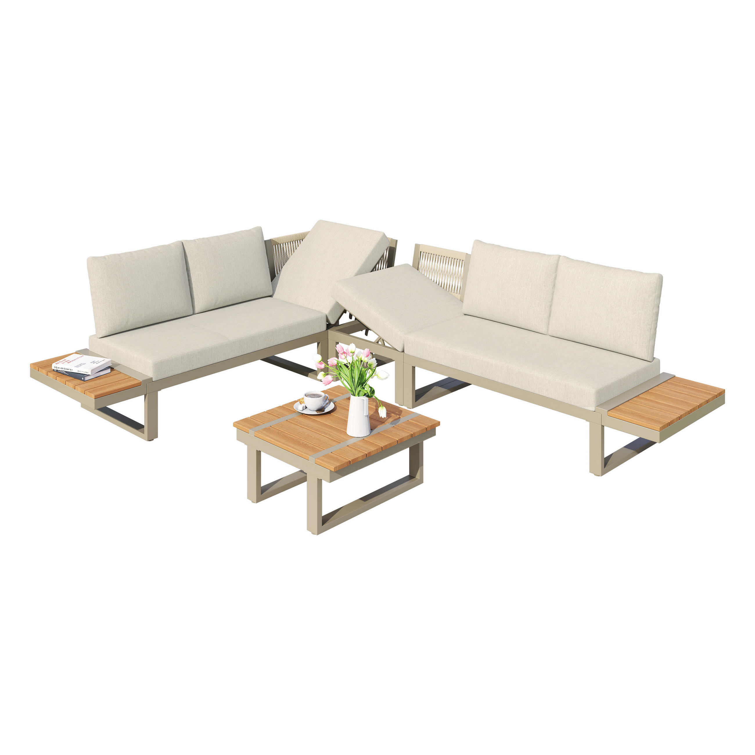 LOUNGEGARNITUR aus Stahl & Polyester Beige mit umbaubarer Liegefunktion - Beige, Metall - Modfu