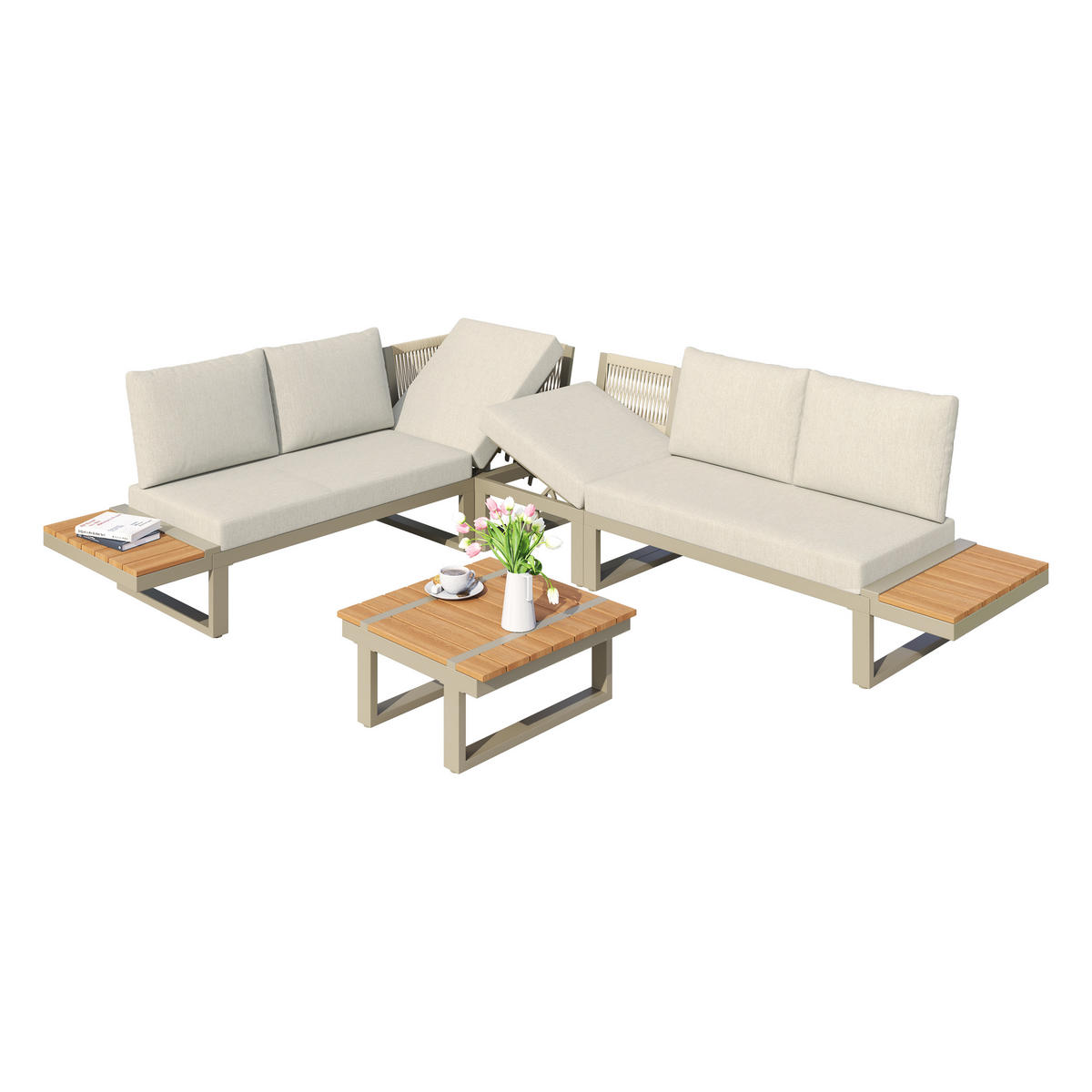 LOUNGEGARNITUR aus Stahl & Polyester Beige mit umbaubarer Liegefunktion - Beige, Metall - Modfu